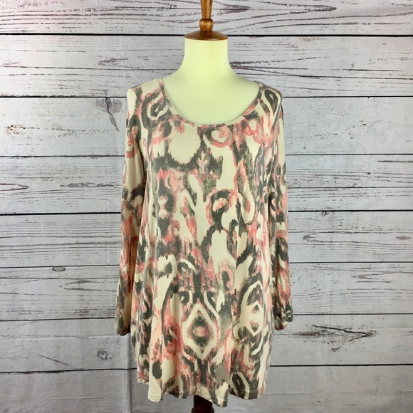 Chico's Tan w/dark gray and light coral design top - Picture 1 of 7